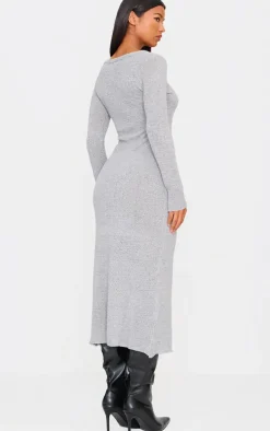 Light Grey Bobble Knit Long Sleeve Maxi Dress