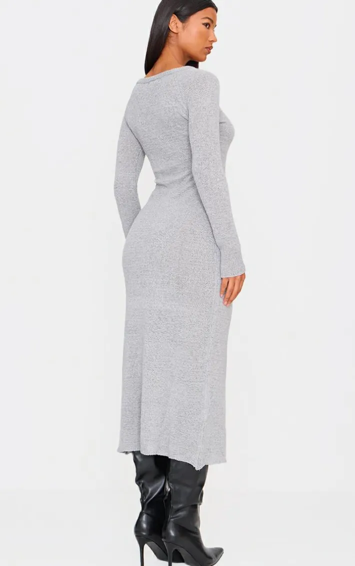 Light Grey Bobble Knit Long Sleeve Maxi Dress