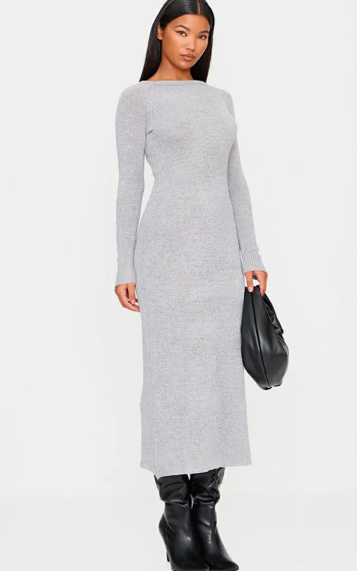 Light Grey Bobble Knit Long Sleeve Maxi Dress