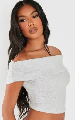 Light Grey Brushed Rib Off The Shoulder Longline Top