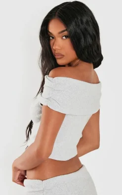 Light Grey Brushed Rib Off The Shoulder Longline Top