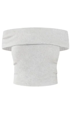 Light Grey Brushed Rib Off The Shoulder Longline Top
