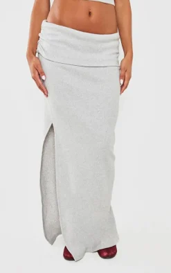Light Grey Brushed Rib Ruched Detail Foldover Maxi Skirt