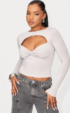 Light Grey Contour Jersey Cut Out Detail Long Sleeve Top