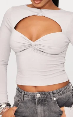 Light Grey Contour Jersey Cut Out Detail Long Sleeve Top