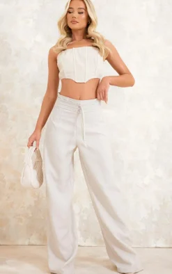 Light Grey Linen Feel Tie Front Straight Leg Pants