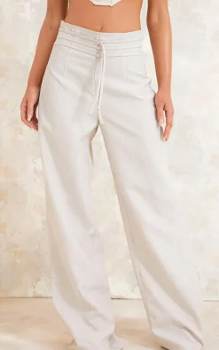 Light Grey Linen Feel Tie Front Straight Leg Pants