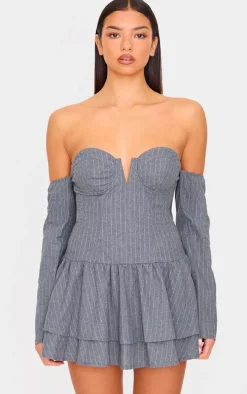 Light Grey Pinstripe Cup Detail Bardot Shift Dress