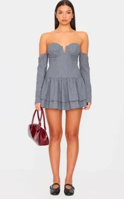 Light Grey Pinstripe Cup Detail Bardot Shift Dress