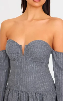 Light Grey Pinstripe Cup Detail Bardot Shift Dress