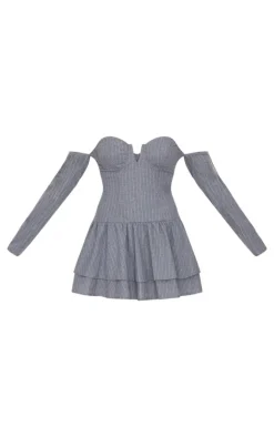 Light Grey Pinstripe Cup Detail Bardot Shift Dress