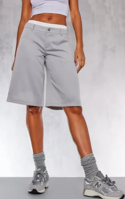 Light Grey Pinstripe Double Waistband Tailored Oversized Jorts