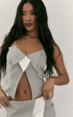 Light Grey Pinstripe Foldover Bandeau Top