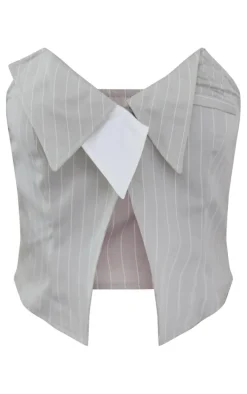 Light Grey Pinstripe Foldover Bandeau Top