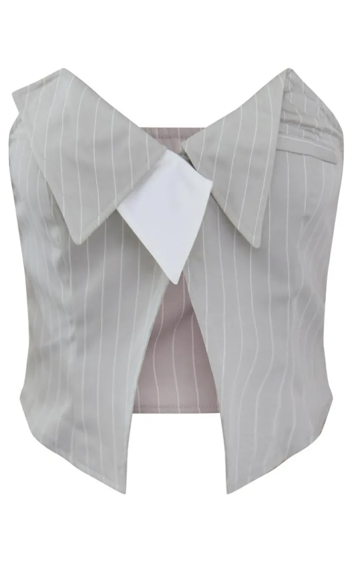 Light Grey Pinstripe Foldover Bandeau Top