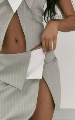 Light Grey Pinstripe Foldover Split Mini Skirt