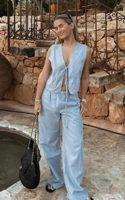 Light Grey Pinstripe Linen Look Wide Leg Pants
