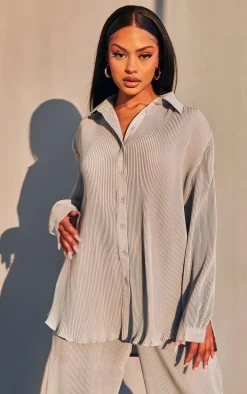 Light Grey Plisse Button Front Oversized Shirt