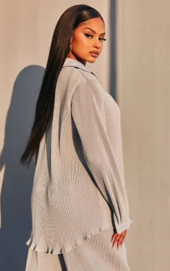 Light Grey Plisse Button Front Oversized Shirt