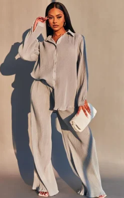 Light Grey Plisse Button Front Oversized Shirt