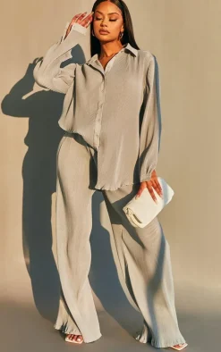 Light Grey Plisse High Waisted Wide Leg Pants