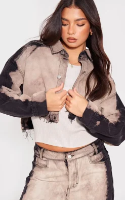 Light Grey Raw Hem Bleach Wash Button Up Cropped Jacket