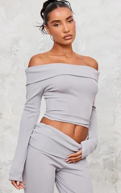 Light Grey Rib Foldover Bardot Flute Sleeve Longline Top