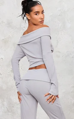 Light Grey Rib Foldover Bardot Flute Sleeve Longline Top