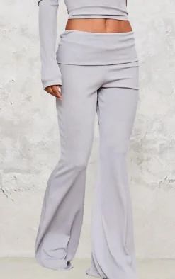 Light Grey Rib Foldover Low Rise Flared Pants