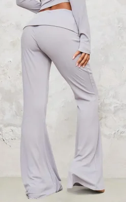 Light Grey Rib Foldover Low Rise Flared Pants