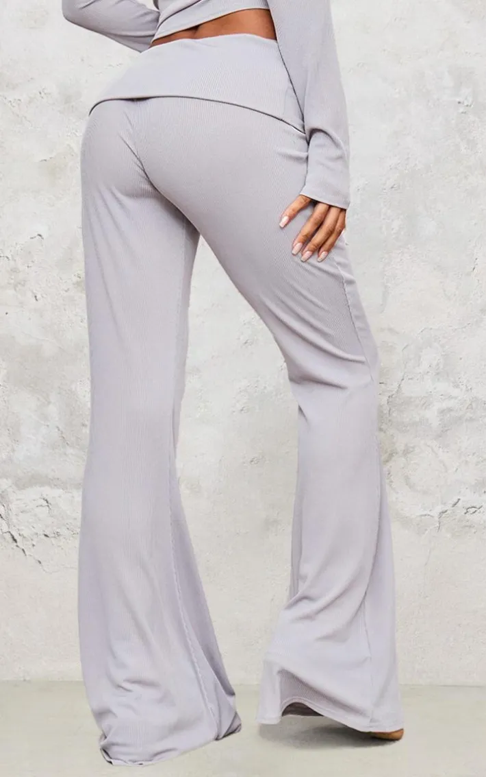 Light Grey Rib Foldover Low Rise Flared Pants