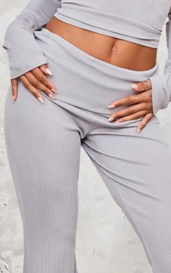 Light Grey Rib Foldover Low Rise Flared Pants