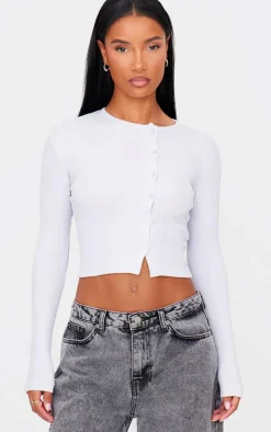 Light Grey Ribbed Aysmmetric Button Down Fitted Long Sleeve Top