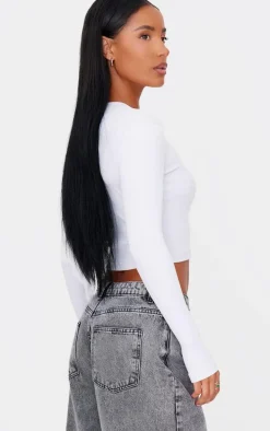 Light Grey Ribbed Aysmmetric Button Down Fitted Long Sleeve Top