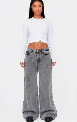 Light Grey Ribbed Aysmmetric Button Down Fitted Long Sleeve Top