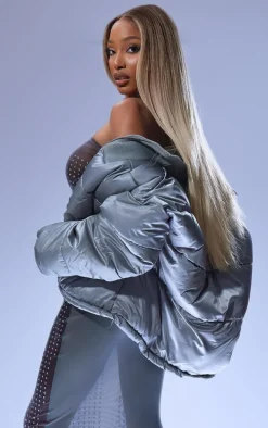 Light Grey Ribbed Collar Detail High Shine Shell Puffer Jacket