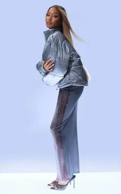 Light Grey Ribbed Collar Detail High Shine Shell Puffer Jacket