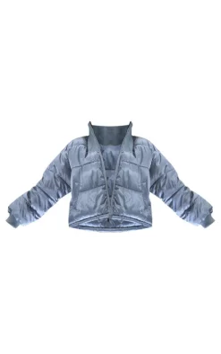 Light Grey Ribbed Collar Detail High Shine Shell Puffer Jacket