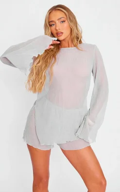 Light Grey Sheer Textured Longline Top