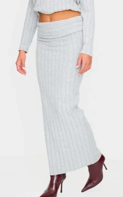 Light Grey Soft Rib Fold Over Maxi Skirt