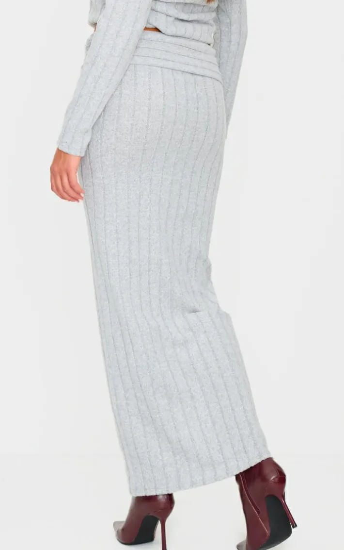 Light Grey Soft Rib Fold Over Maxi Skirt