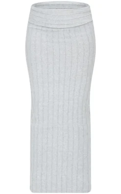 Light Grey Soft Rib Fold Over Maxi Skirt