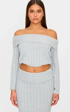 Light Grey Soft Rib Off The Shoulder Long Sleeve Long Top