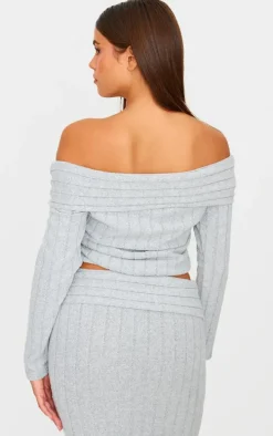 Light Grey Soft Rib Off The Shoulder Long Sleeve Long Top