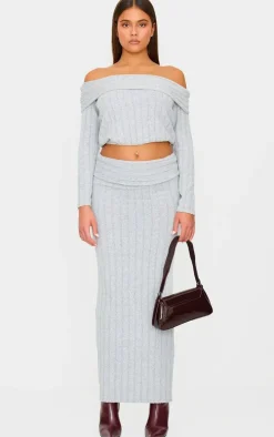 Light Grey Soft Rib Off The Shoulder Long Sleeve Long Top