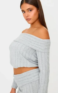 Light Grey Soft Rib Off The Shoulder Long Sleeve Long Top