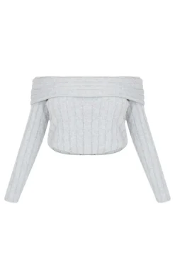 Light Grey Soft Rib Off The Shoulder Long Sleeve Long Top