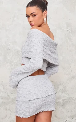 Light Grey Textured Fold Over Long Sleeve Top