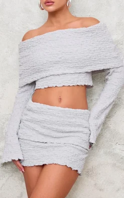 Light Grey Textured Fold Over Long Sleeve Top