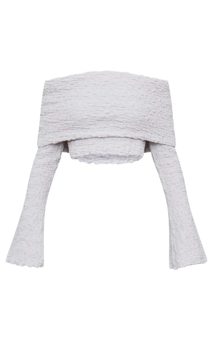 Light Grey Textured Fold Over Long Sleeve Top